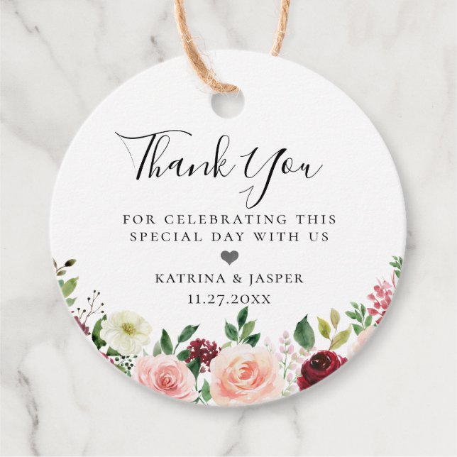 Burgundy  Blommigt Bouquet Bröllop Gåvor Etiketter (Framsida)