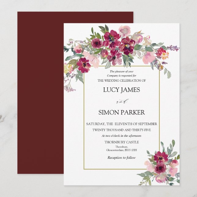 Burgundy  blommigt bouquet med guld ram inbjudningar (Fram/baksida)