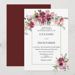 Burgundy blommigt bouquet med guld ram inbjudningar