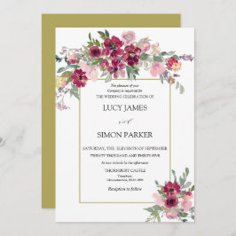 Burgundy blommigt bouquet med guld ram inbjudningar