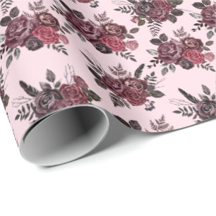 Burgundy Blommigt Bouquet på mjuk Rosa Presentpapper