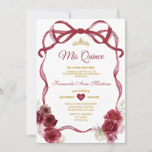 Burgundy Blommigt Bow Ribbon Guld Krona Mis Quince Inbjudningar