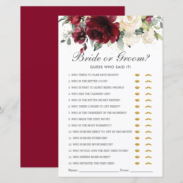 Burgundy Blommigt Bride eller Groom gissar vem som (Fram/baksida)