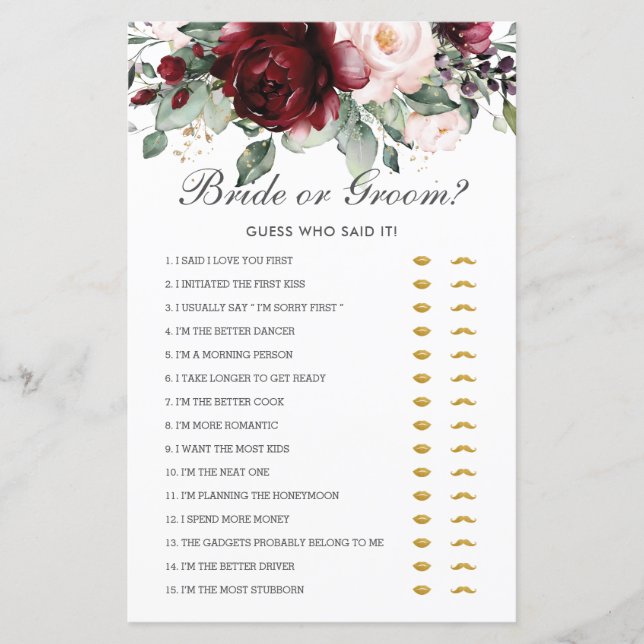 Burgundy Blommigt Bride eller Groom gissar vem som (Framsida)