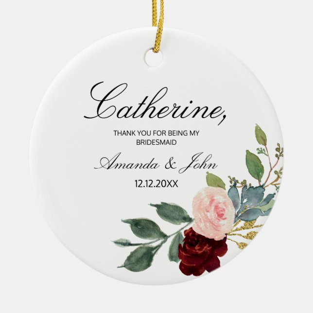 Burgundy Blommigt Bridesmaid Engaged ornament (Framsidan)