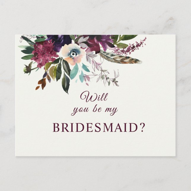 Burgundy Blommigt Bridesmaid Frieri Vykort (Framsida)