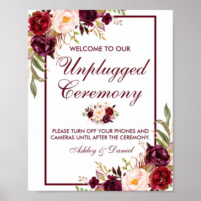 Burgundy Blommigt Bröllop Ceremony ej ansluten Poster (Framsidan)