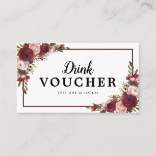 Burgundy Blommigt Bröllop Free Drink Voucher Visitkort