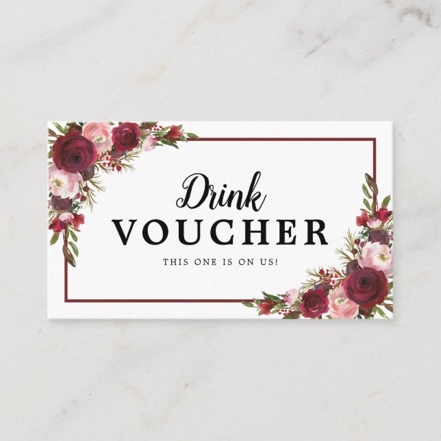 Burgundy Blommigt Bröllop Free Drink Voucher Visitkort (Framsida)