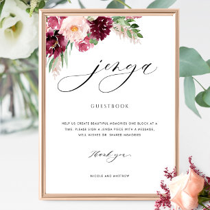 Burgundy Blommigt Bröllop Jenga Guestbook-tecken Poster