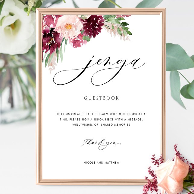 Burgundy  Blommigt Bröllop Jenga Guestbook-tecken Poster (Skapare uppladdad)