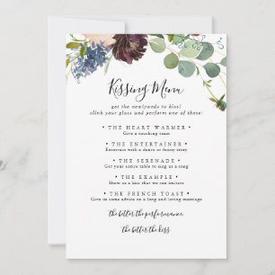 Burgundy Blommigt Bröllop Kissing Menu Game Card