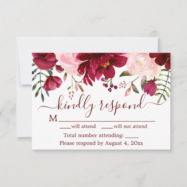 Burgundy Blommigt Bröllop OSA Card Tack Kort (Framsida)