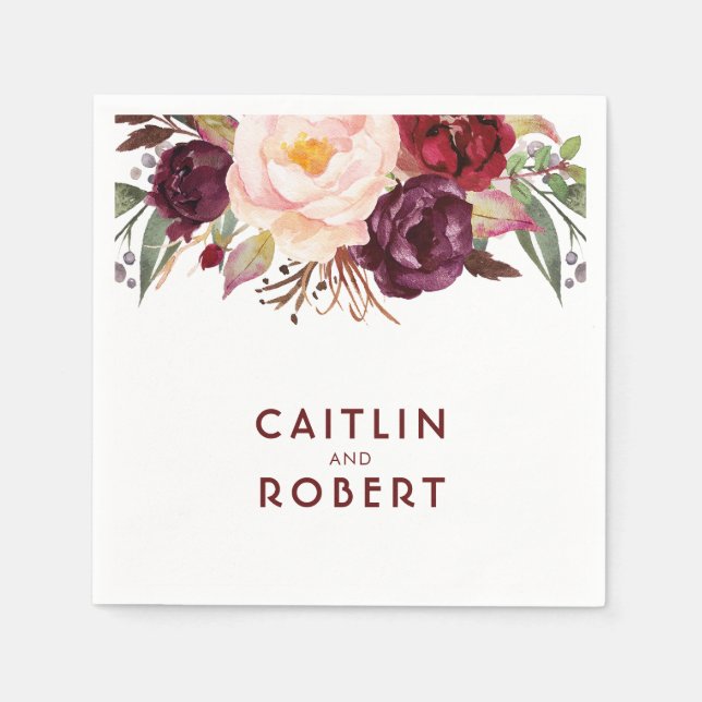 Burgundy Blommigt Bröllop Pappersservett (Framsidan)