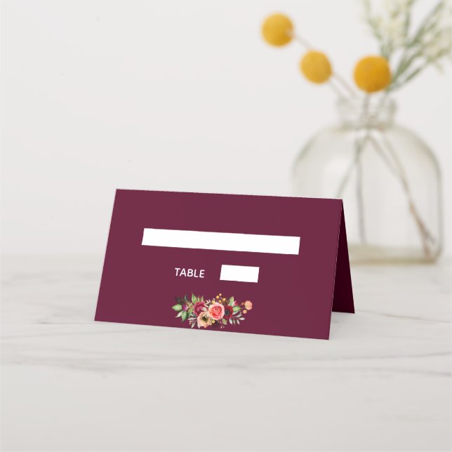 Burgundy blommigt bröllop placeringskort (Baksida)