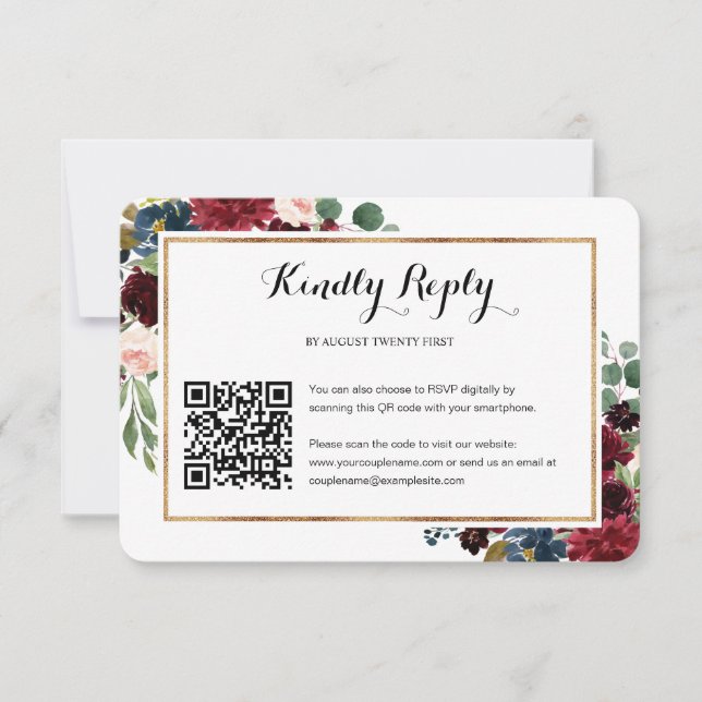 Burgundy Blommigt Bröllop QR-kodfoto OSA kort (Framsida)