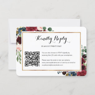 Burgundy Blommigt Bröllop QR-kodfoto OSA kort