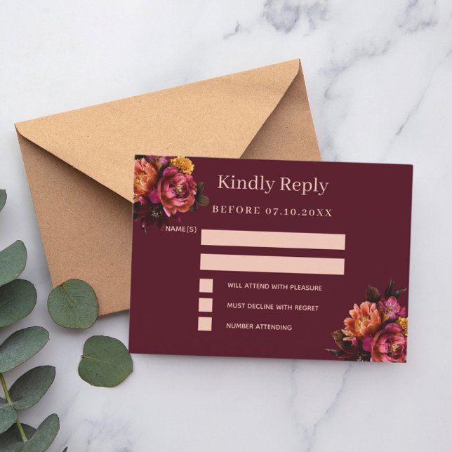 Burgundy blommigt bröllop ResponsOSA Anteckningskort (Skapare uppladdad)