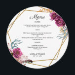 Burgundy Blommigt Bröllop Round Menu for Plate Meny<br><div class="desc">Modern design och elegant som skrivs ut Burgundy Blommar Blommigt Glitter Geometric Ram Round Bröllop-menykort för plåt som kan anpassas med din text. Kolla in Graphic Art Design-arkivet för andra produkter som matchar den här designen!</div>
