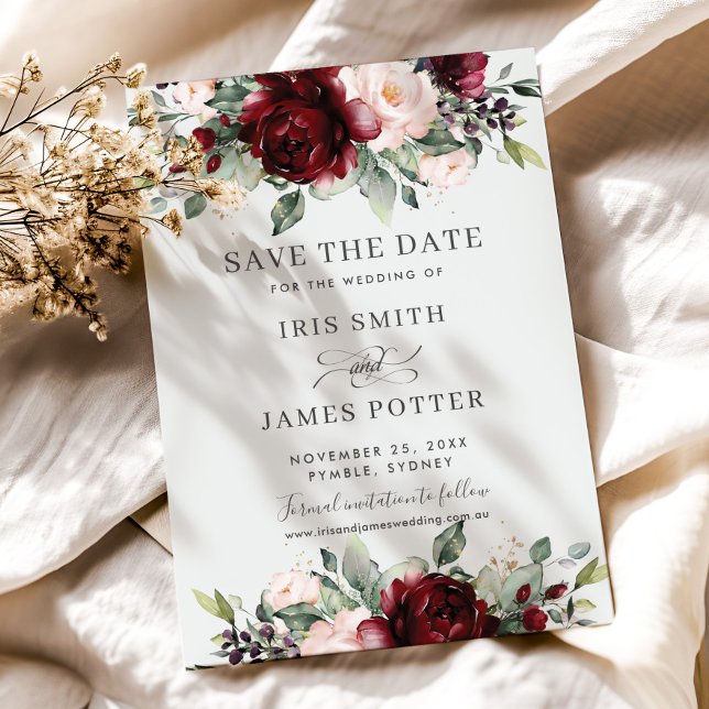 Burgundy  Blommigt Bröllop spara datum-kort Inbjudningar (rustic-elegant-burgundy-blush-pink-floral-flowers-wedding-save-the-date-cards-printed-download)