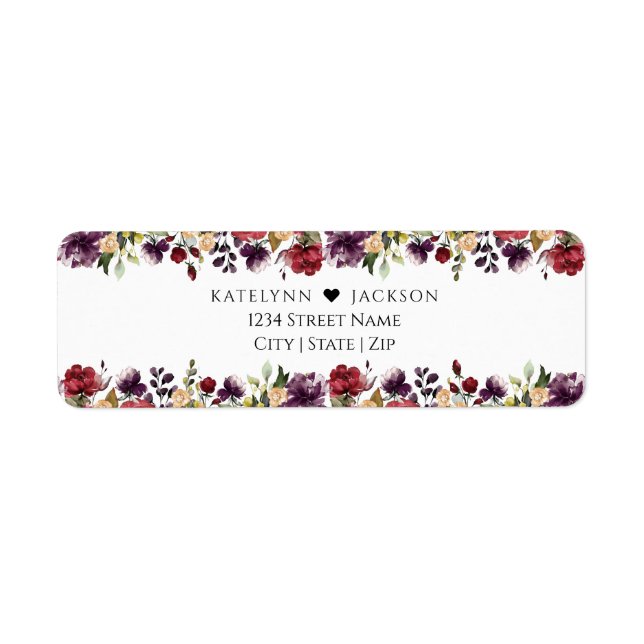 Burgundy Blommigt Bröllop Stationery Returadress Returadress Etikett (Framsidan)