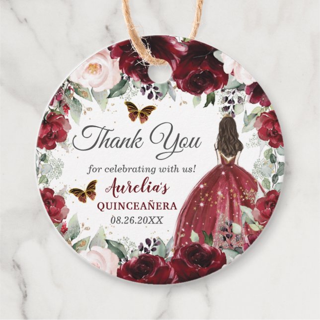 Burgundy  Blommigt Butterflies Krona Princess Gåvor Etiketter (Framsida)
