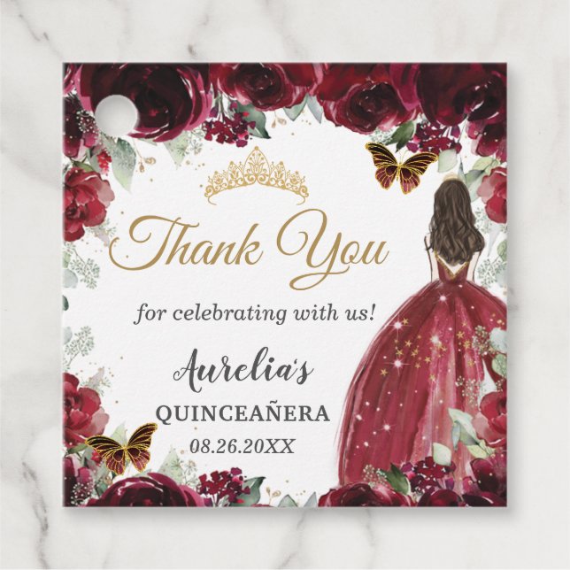 Burgundy Blommigt Butterflies Princess Guld Spanie Gåvor Etiketter (Framsida)