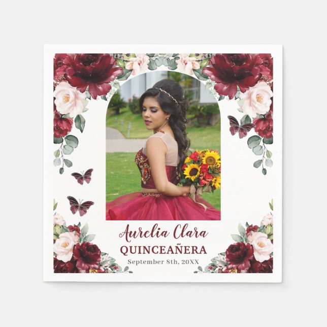 Burgundy  Blommigt Butterfly Quinceañera Photo Pappersservett (Framsidan)