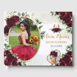 Burgundy Blommigt Charro Boots Quinceanera Photo Gästböcker