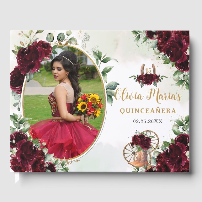 Burgundy Blommigt Charro Boots Quinceanera Photo Gästböcker (Framsida)