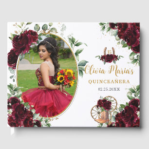 Burgundy Blommigt Charro Boots Quinceanera Photo Gästböcker