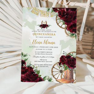 Burgundy Blommigt Charro Boots Sweet 16 Quinceañer Inbjudningar