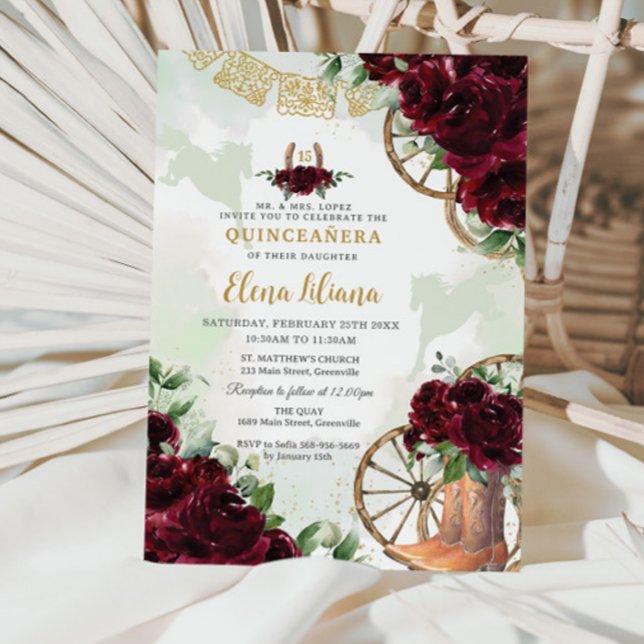 Burgundy Blommigt Charro Boots Sweet 16 Quinceañer Inbjudningar (Zazzle-burgundy-roses-floral-charro-cowboy-boots-horses-western-horseshoe-quinceanera-invitation)