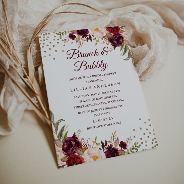 Burgundy Blommigt Confetti Brunch och Bubbelduscha Inbjudningar (Skapare uppladdad)