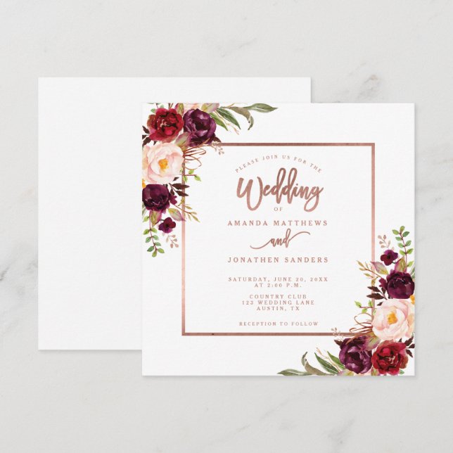 Burgundy Blommigt Copper Ro Guld Script Bröllop Inbjudningar (Fram/baksida)