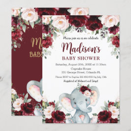 Burgundy  Blommigt Cute Elephant Baby Shower Inbjudningar