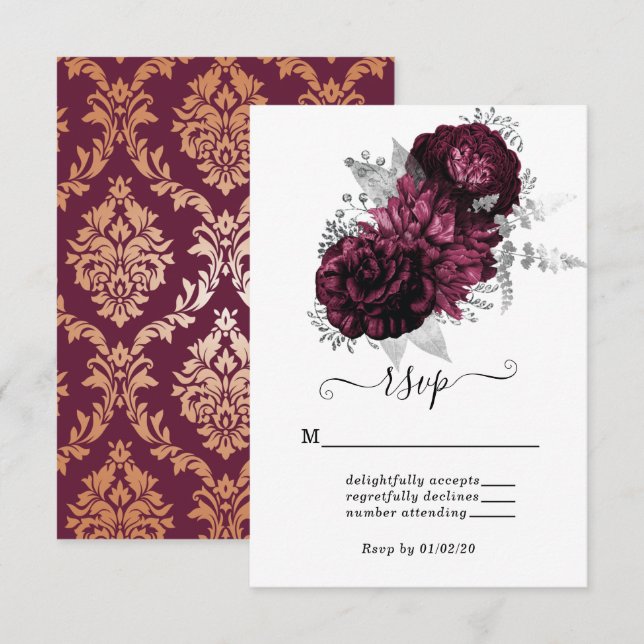 Burgundy Blommigt & Damask Wedding OSA kort (Fram/baksida)