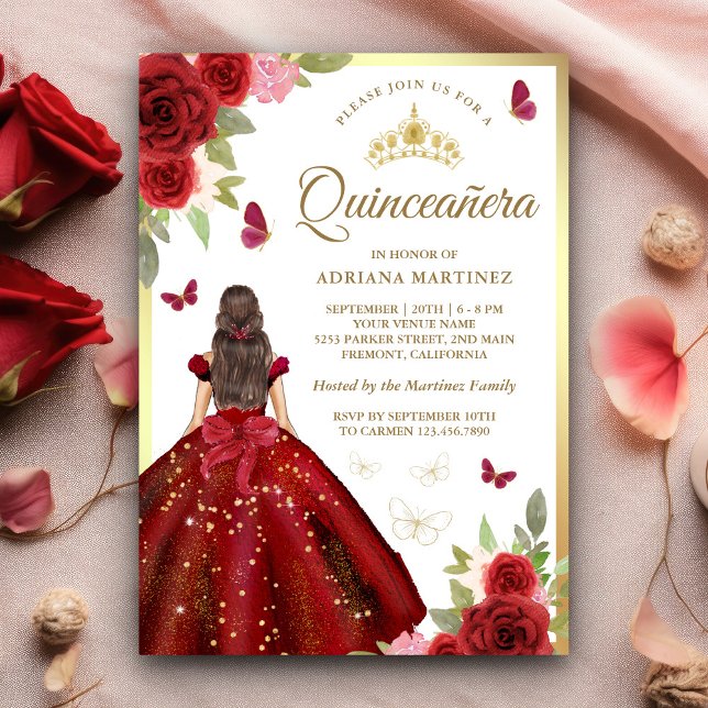 Burgundy Blommigt Dress Butterfly Quinceanera Inbjudningar (Skapare uppladdad)