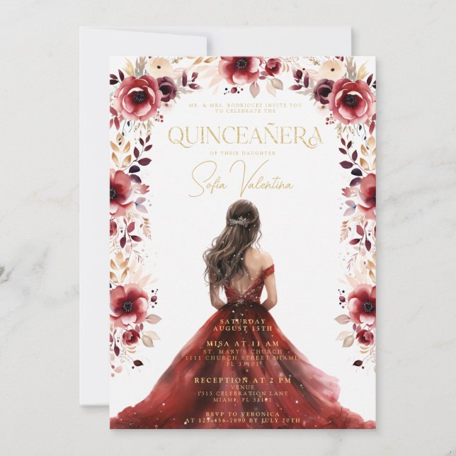 Burgundy Blommigt Dress Gown Blommigt Quinceañera Inbjudningar (Framsida)