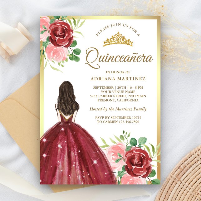 Burgundy Blommigt Dress Princess Guld Quinceanera Inbjudningar (Skapare uppladdad)