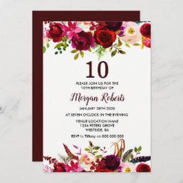 Burgundy Blommigt Elegant 10:e Födelsedagsfesten I Inbjudningar