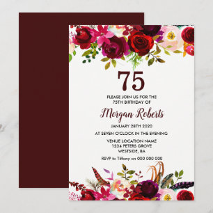 Burgundy Blommigt Elegant 75:e Födelsedagsfest Inb Inbjudningar