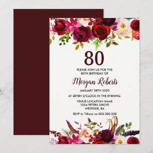 Burgundy Blommigt Elegant 80 Födelsedagsfest Inbju Inbjudningar