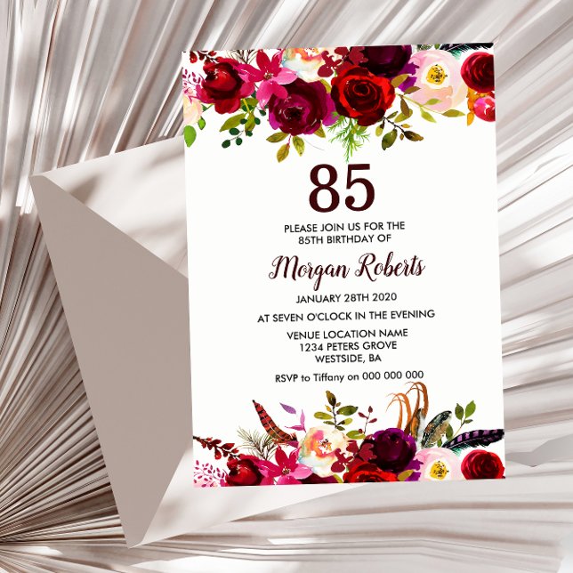 Burgundy Blommigt Elegant 85 Födelsedagsfest Inbju Inbjudningar (Skapare uppladdad)