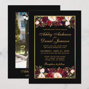 Burgundy Blommigt Elegant Black Guld Photo Bröllop Inbjudningar