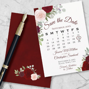 Burgundy Blommigt Elegant Boho Bröllop Calendar Spara Datumet