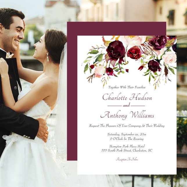 Burgundy Blommigt Elegant bröllop Inbjudningar (Burgundy Floral Elegant Wedding Invitation)