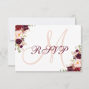 Burgundy Blommigt Elegant Monogram Bröllop OSA Kort