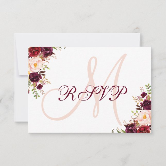 Burgundy Blommigt Elegant  Monogram Bröllop OSA Kort (Framsida)