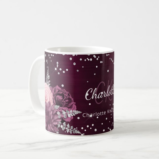Burgundy blommigt elegant monogram namn kaffemugg (Framsida vänster)